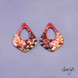 Paire de charm cuivre émaillé pour boucles d'oreille - fond  rouge, pêche - feuillage noir et fleurs oranges