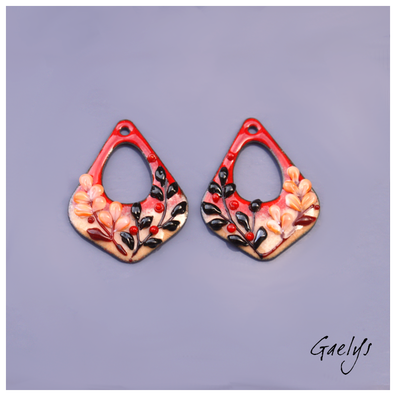 Pair of enameled copper charm earrings - red and peach background - black foliage and orange flowers
