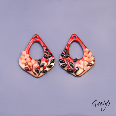 Paire de charm cuivre émaillé pour boucles d'oreille - fond  rouge, pêche - feuillage noir et fleurs oranges