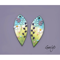Paire de charm cuivre émaillé pour boucles d'oreille - vert degradé / rose / violet / bleu canard - longue feuille