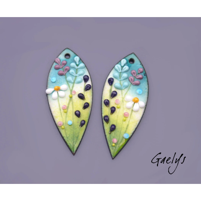 Paire de charm cuivre émaillé pour boucles d'oreille - vert degradé / rose / violet / bleu canard - longue feuille