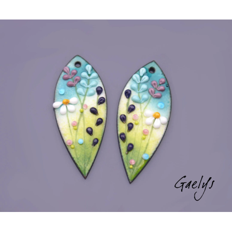 Paire de charm cuivre émaillé pour boucles d'oreille - vert degradé / rose / violet / bleu canard - longue feuille