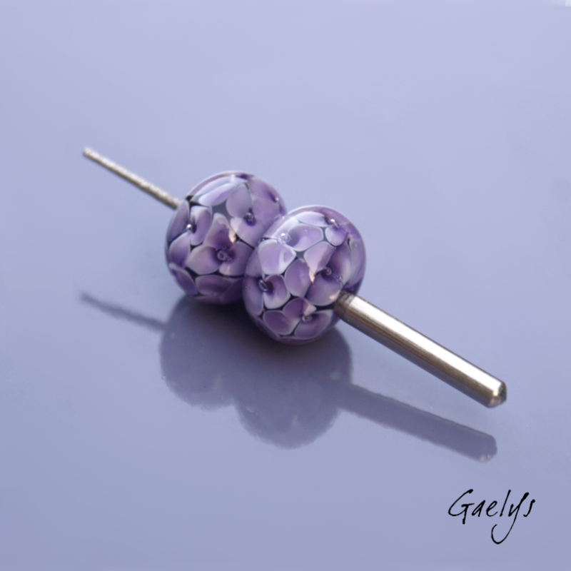 Floral Lampwork Beads - Rondelle Bead Duo - Hydrangeas - purple on White