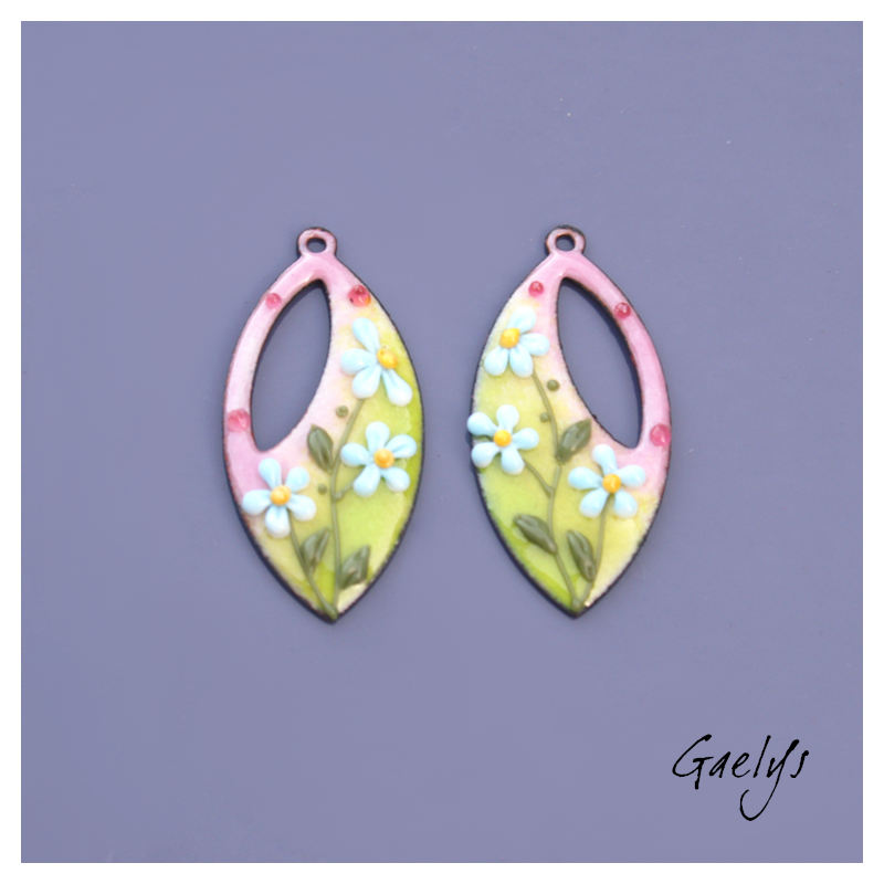 Pair of enameled copper charm earrings - green background, pink - sky blue flowers - asymmetrical