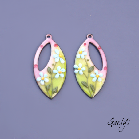Pair of enameled copper charm earrings - green background, pink - sky blue flowers - asymmetrical