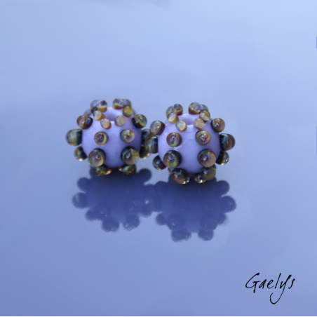 Perles Lampwork à picots oursin - duo de perles rondes avec points - lavande / picots bulle multicolore