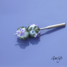 Perles Lampwork à fleurs - duo de perles ronde  -  vert d'eau / feuillage / Paquerettes violette / jaune