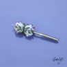 Perles Lampwork à fleurs - duo de perles ronde  -  vert d'eau / feuillage / Paquerettes violette / jaune
