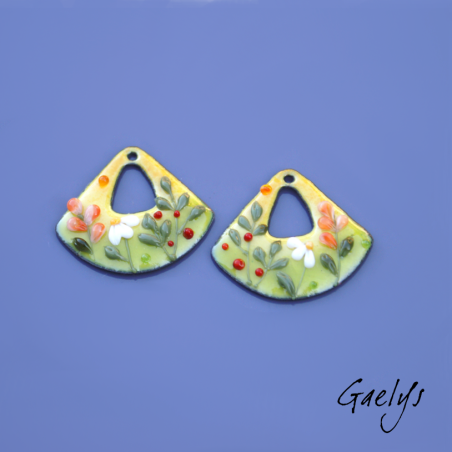 Pair of enameled copper earring charms – green, yellow, and apricot background – foliage, peach blossom, white.