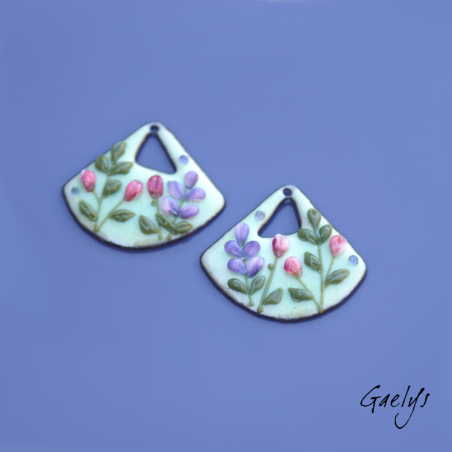 copy of Pair of enameled copper earring charms – green, yellow, and apricot background – foliage, peach blossom, white.