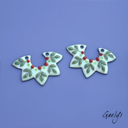 Pair of enameled copper earring charms – green background – foliage, red berries