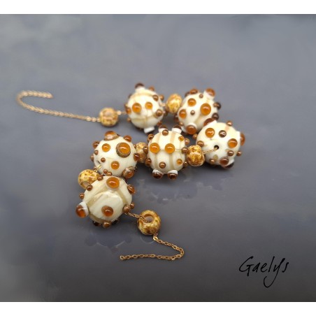 Perles lampwork Gaelys - Set de 6 perles - ivoire / ambre