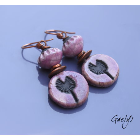Tigsty – earrings, Raku ceramic bead, mauve/anthracite, copper-tone metal