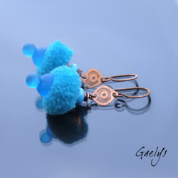"Little Tassels" – earrings featuring copper, lampwork glass, and a small fabric tassel; etched copper setting – Blue.