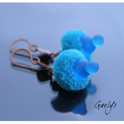 "Little Tassels" – earrings featuring copper, lampwork glass, and a small fabric tassel; etched copper setting – Blue.