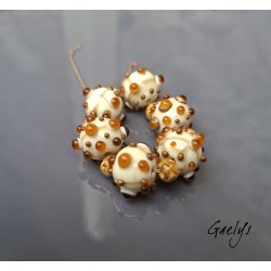 Perles lampwork Gaelys - Set de 6 perles - ivoire / ambre