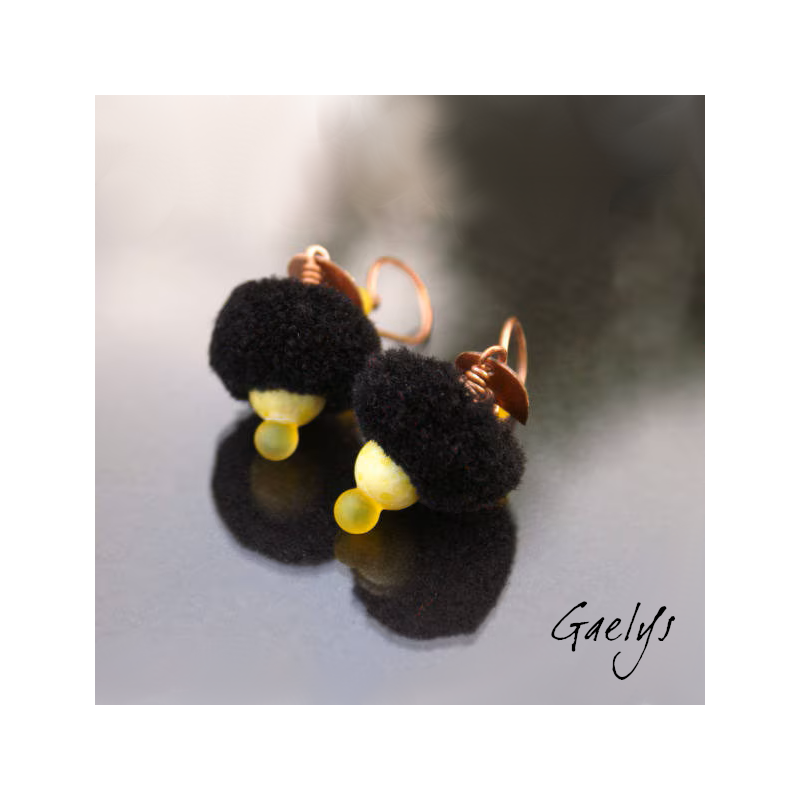 "Little Tassels" – earrings featuring copper, lampwork glass, and a small fabric tassel; etched copper setting – Yellow/Black.