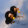 "Little Tassels" – earrings featuring copper, lampwork glass, and a small fabric tassel; etched copper setting – Yellow/Black.