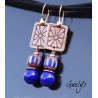 Maréline - boucles oreilles lampwork bleu cobalt - charms en cuivre gravés à l'eau forte