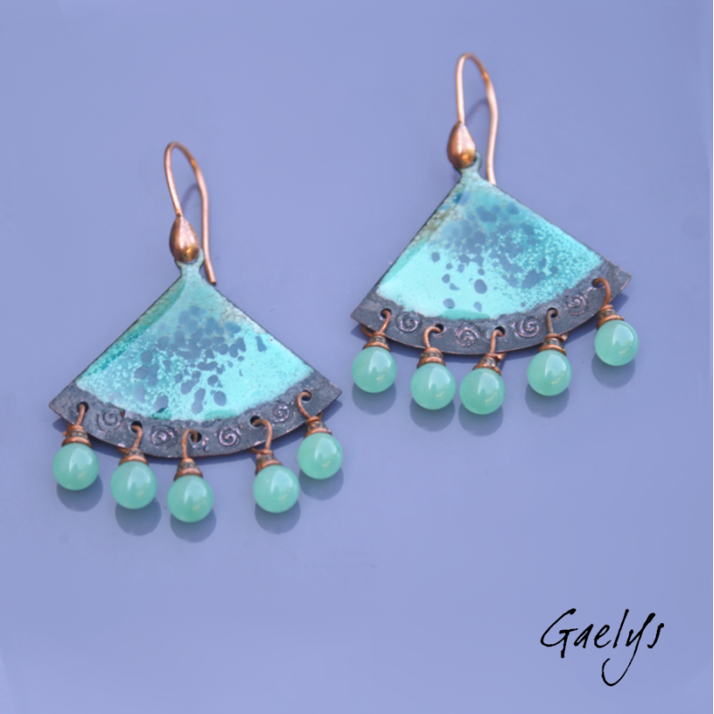 Jared – Teal/turquoise earrings, charms, enamel on copper – Boho-chic style – fully adorned with charms