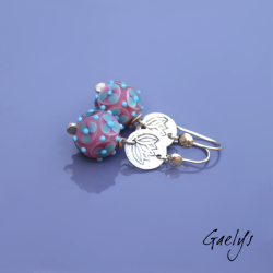 Katy - boucles d'oreilles - estampe Lotus - perles à fleur rose / turquoise - Katerina Sojkova