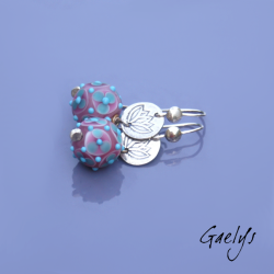 Katy - boucles d'oreilles - estampe Lotus - perles à fleur rose / turquoise - Katerina Sojkova