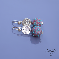 Katy - earrings - lotus stamping - pink/turquoise floral beads - Katerina Sojkova