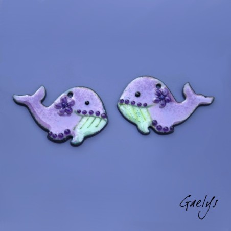 Paire de charm cuivre émaillé pour boucles d'oreille -vert / violet - baleine