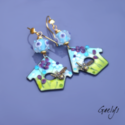 Fannie - boucles d'oreilles - Bird House-  perles lampwork depolies - nichoir