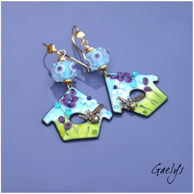 Fannie - earrings - Bird House - matte lampwork beads - birdhouse