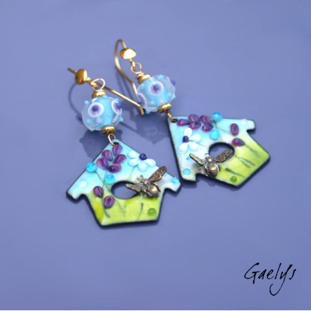 Fannie - boucles d'oreilles - Bird House-  perles lampwork depolies - nichoir