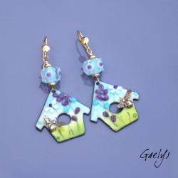 Fannie - earrings - Bird House - matte lampwork beads - birdhouse