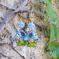 Fannie - earrings - Bird House - matte lampwork beads - birdhouse