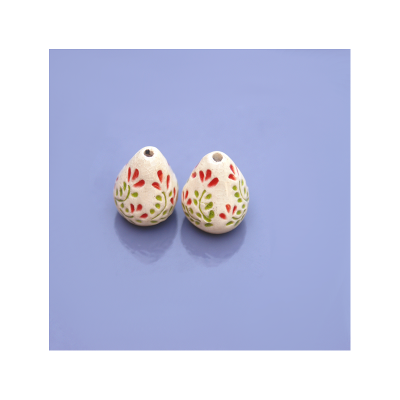 Perles en céramique Raku - forme cloche ivoire et fleurs