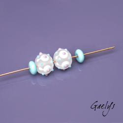 Petites Perles Lampwork "Glacée"- duo de perles rondes - transparent, bleu turquoise, violet - verre depoli