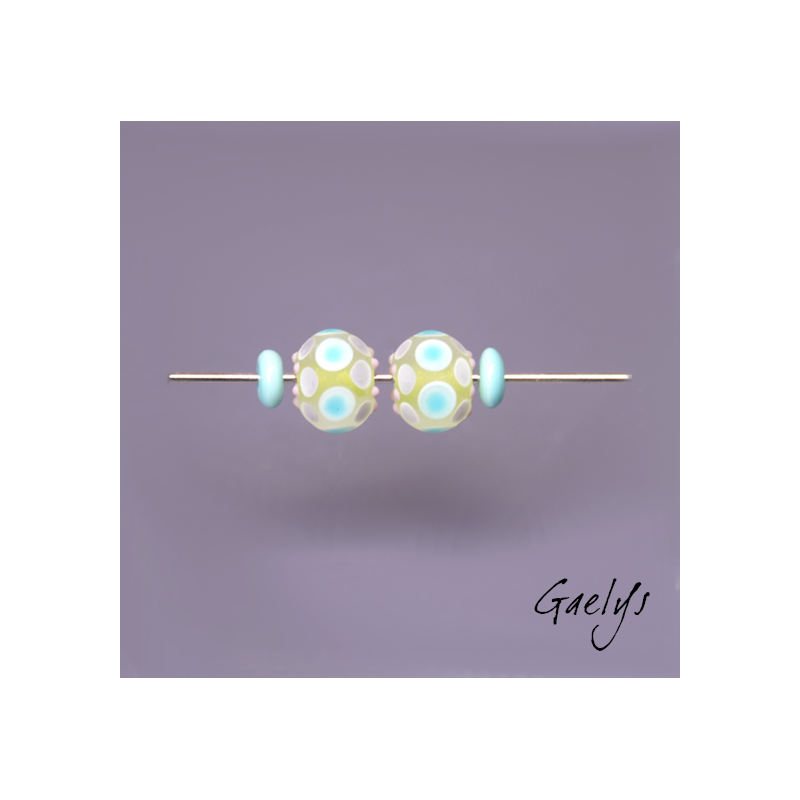 Perles Lampwork "Glacée"- duo de perles rondes - vert citron, transparent, bleu turquoise, violet - verre depoli