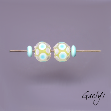 Perles Lampwork "Glacée"- duo de perles rondes - vert citron, transparent, bleu turquoise, violet - verre depoli