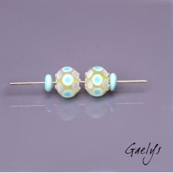 Perles Lampwork "Glacée"- duo de perles rondes - vert citron, transparent, bleu turquoise, violet - verre depoli