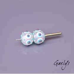 Large "Frosted" Lampwork Beads – pair of round beads – lavender background with blue, white, and purple dots – frosted glass