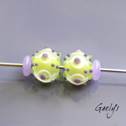 "Frosted" Lampwork Beads – Round Bead Duo – Lime Green and Purple – Frosted Glass