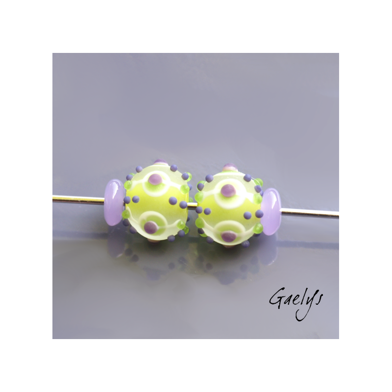"Frosted" Lampwork Beads – Round Bead Duo – Lime Green and Purple – Frosted Glass