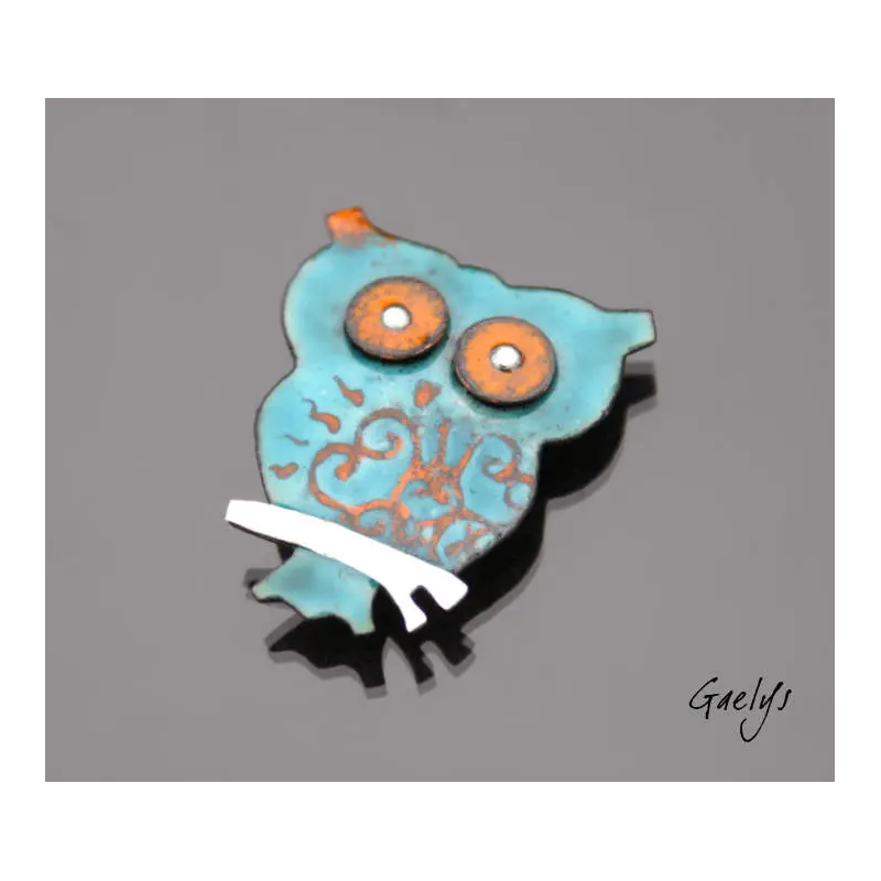 Hiby - Petite broche hiboux stylisé - Email sur cuivre - turquoise, orange