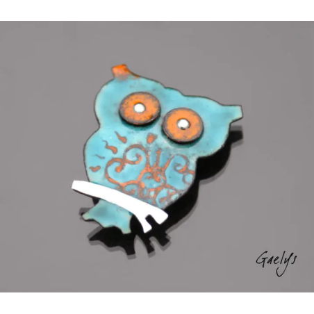 Hiby - Petite broche hiboux stylisé - Email sur cuivre - turquoise, orange