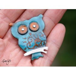 Hiby - Petite broche hiboux stylisé - Email sur cuivre - turquoise, orange