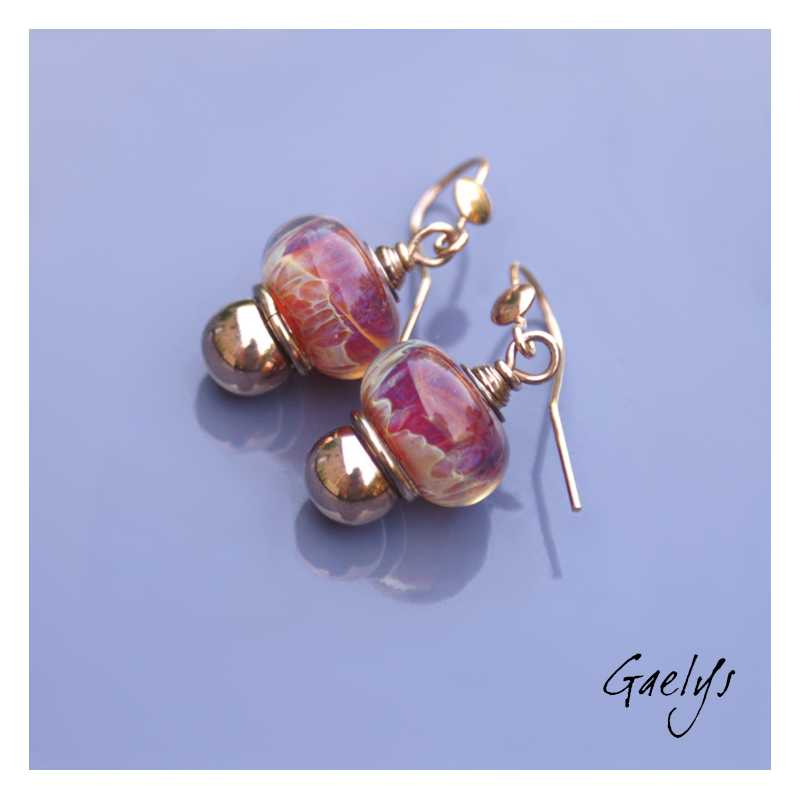 Failie - boucles d'oreille vermeil or rose, lampwork borosilicate