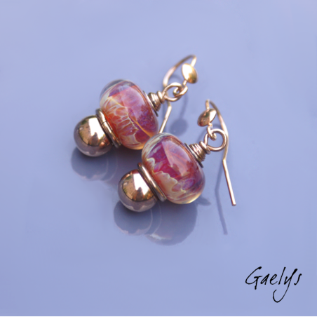 Failie - boucles d'oreille vermeil or rose, lampwork borosilicate