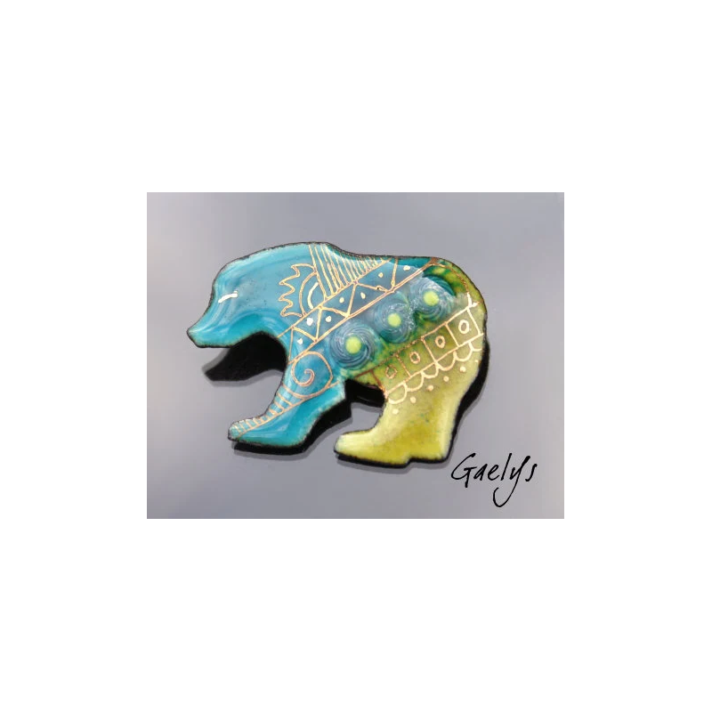 Justin le bear - Petite broche ours - Email sur cuivre - turquoise , vert anis - murine