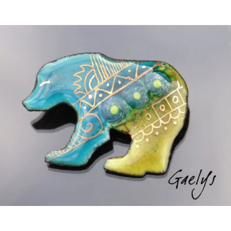 Justin le bear - Petite broche ours - Email sur cuivre - turquoise , vert anis - murine