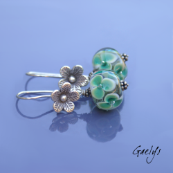 Pascaline – silver earrings, blue-green and ivory floral beads – flower-shaped ear wires