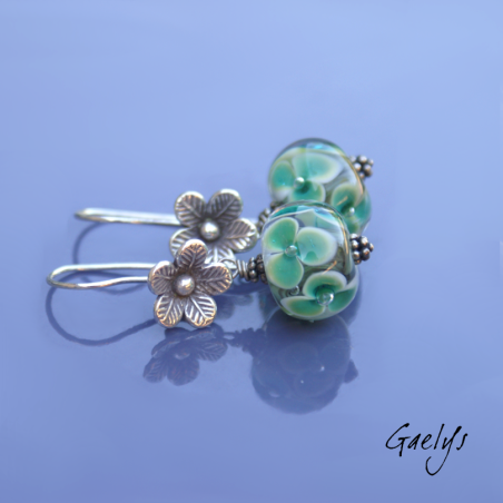 Pascaline – silver earrings, blue-green and ivory floral beads – flower-shaped ear wires